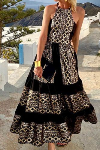 Bohemian Sexy Backless Sleeveless Tie High Waist A-Line Print Wedding Guest Dress