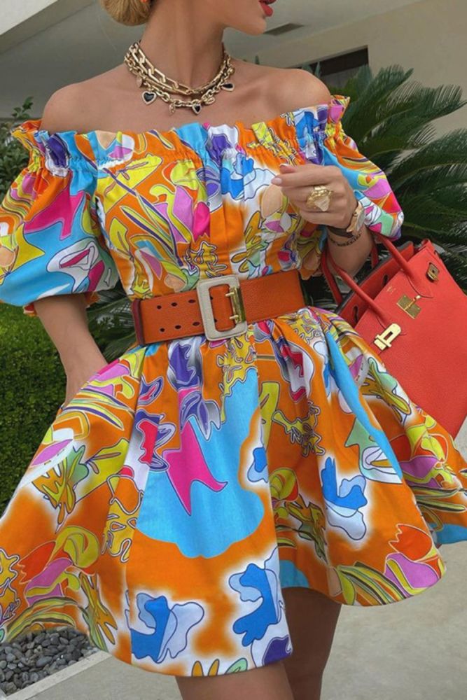 Women's Fashion Offset Neck Casual Printed Dress