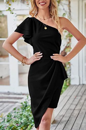 Elegant Party Sleeveless Solid Color One Shoulder Casual Prom  Bodycon Dress
