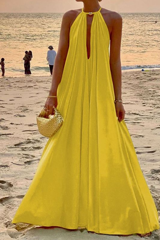 Summer Fashion Temperament Pure Color Halter Neck Sleeveless Loose Wedding Guest Dress