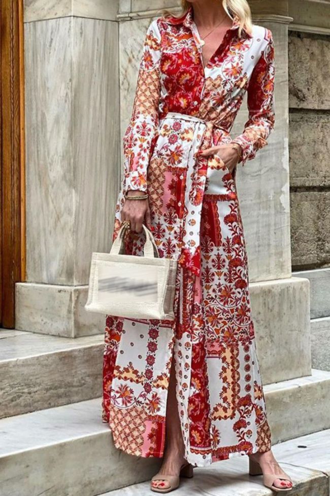 Fashion Lapel Shirt Dress Elegant Pattern Printing Casual Tie Party  Wedding Guest Dress