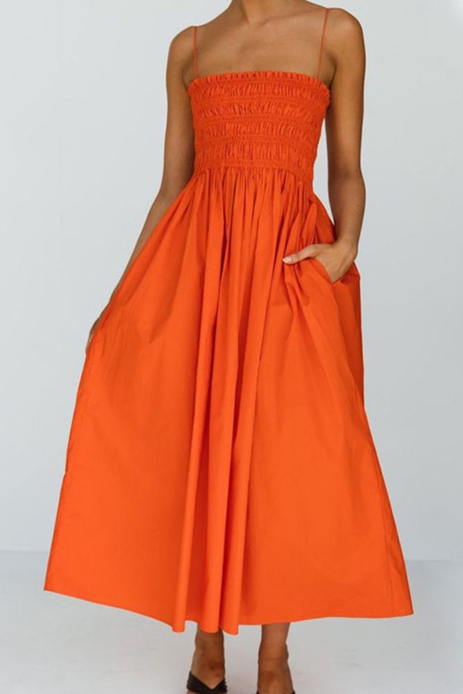 Solid Sleeveless Camisole Formal Loose Pleated Backless Party Wedding Guest Dress