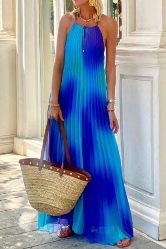 Pleated Fashion Beach Vacation Gradient Lace Sexy Sleeveless  Maxi Dress