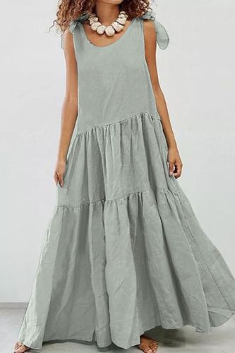 Fashion Solid Color Lace-up Vest Casual Ruffled  Maxi Dress