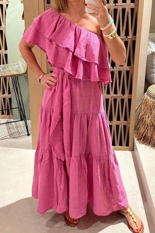 Summer Vacation Elegant Slash Neck Sexy Off Shoulder Layered Ruffle Party  Maxi Dress