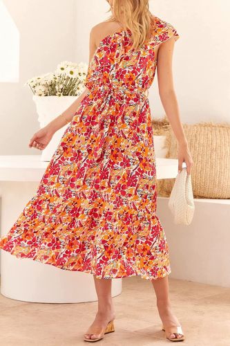 Women's Fashion Floral Ruffles Slanting Shoulder Sexy  Swing  Maxi Dress