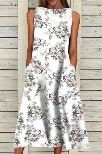 Women's Fashion O Neck Casual Printed Pocket Cotton Sleeveless Dress