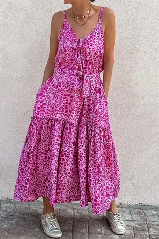 Sexy V-Neck Backless Printed Sleeveless Loose Sling Fashion Strap Beach Maxi Dress