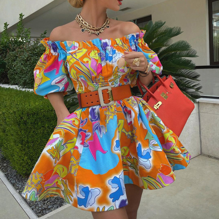 Women's Fashion Offset Neck Casual Printed Dress