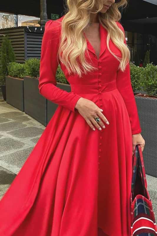 Elegant Party Fashion Solid Color Sexy V Neck Satin Long Sleeve A-Line Wedding Guest Dress