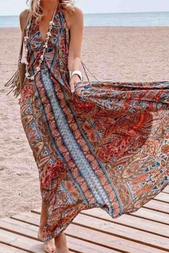 Women's Summer Bohemian Backless Vintage Print Sleeveless Loose Party Maxi Dress