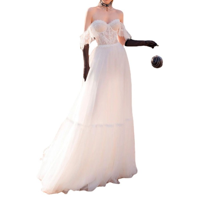 Fashion Solid Color Lace Mesh Deep V Neck Strapless Wedding Guest Dress