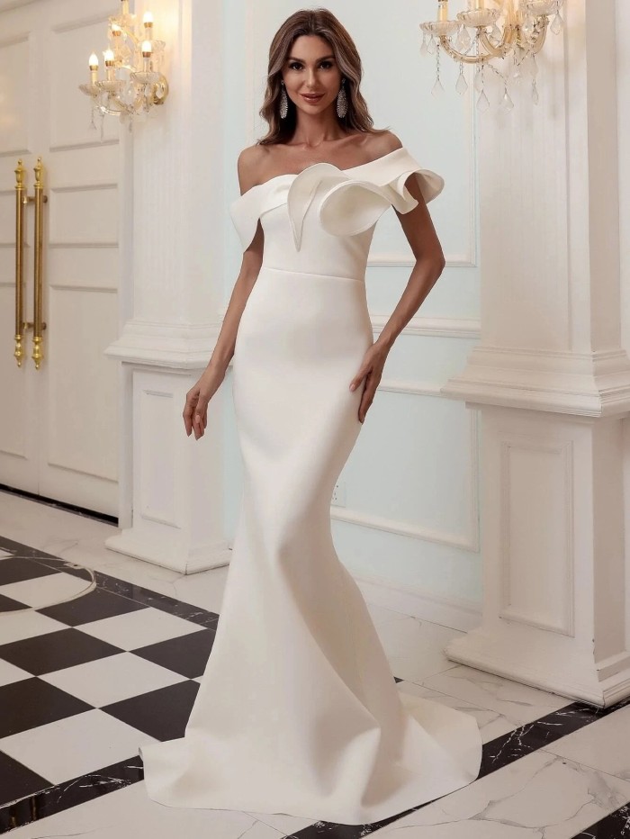 Women's Light Fashion Sexy Party Solid Color Mermaid Off Shoulder Wedding Guest Dress