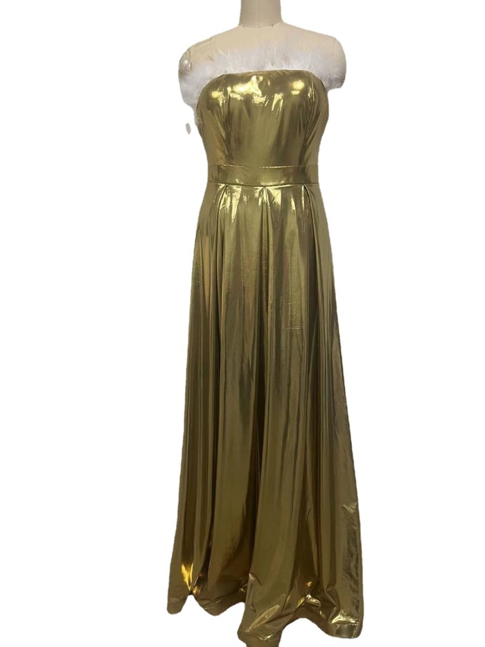 Ladies Fashion Strapless Glitter Feather Swing Prom Gown  Wedding Guest Dress