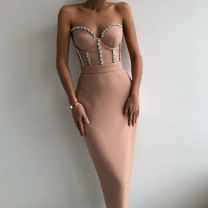 Sexy Strapless Elegant Beaded Party Evening Bodycon Dress