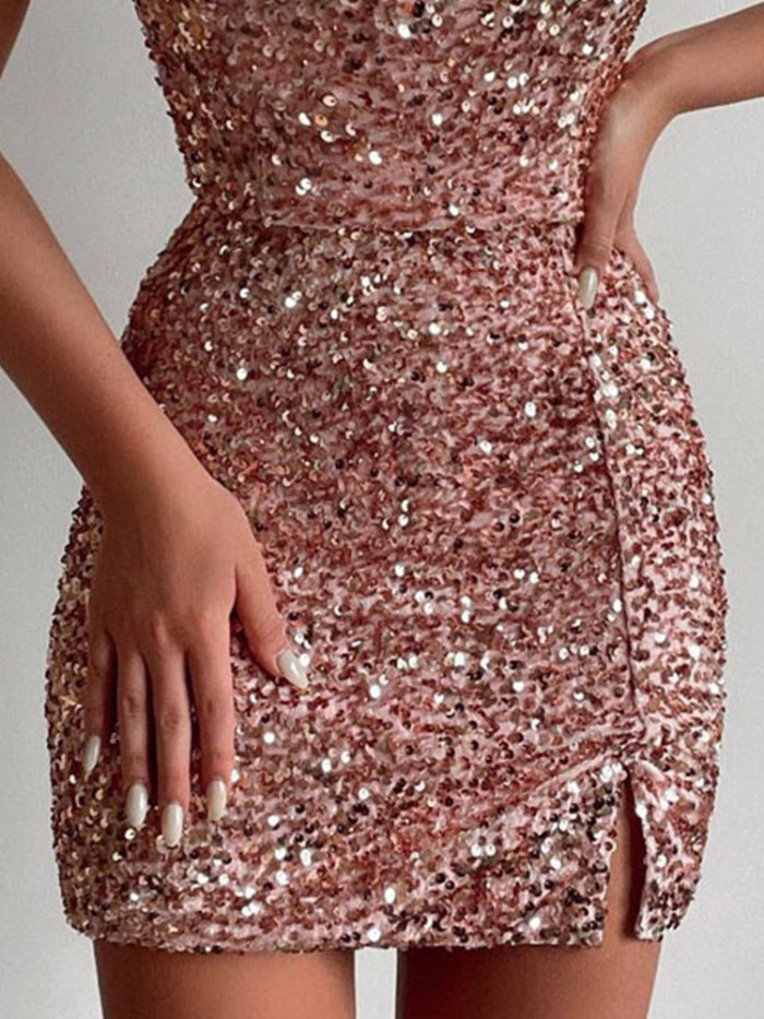 Chic Elegant Sequin Sexy Bodysuit Slit Party Mini Wedding Guest Dress
