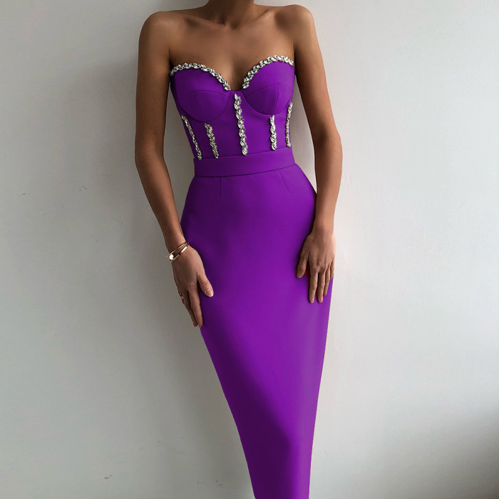 Sexy Strapless Elegant Beaded Party Evening Bodycon Dress