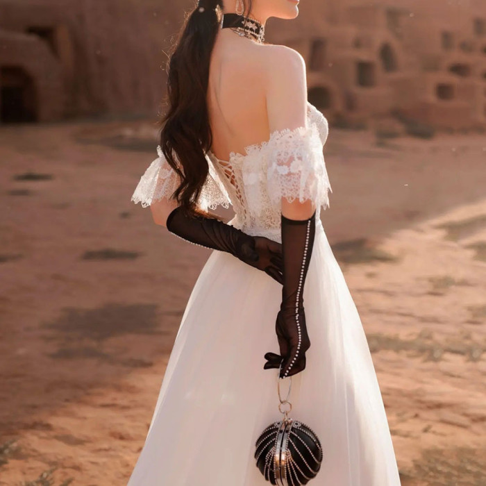 Fashion Solid Color Lace Mesh Deep V Neck Strapless Wedding Guest Dress