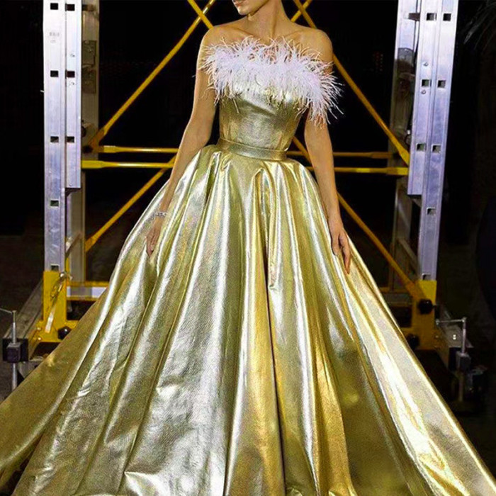 Ladies Fashion Strapless Glitter Feather Swing Prom Gown  Wedding Guest Dress