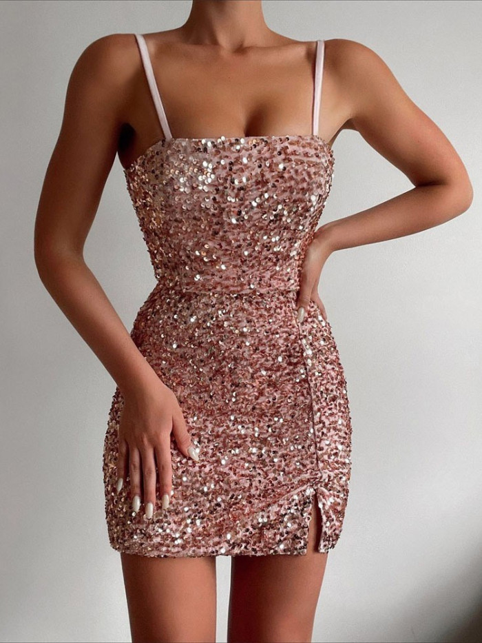 Chic Elegant Sequin Sexy Bodysuit Slit Party Mini Wedding Guest Dress