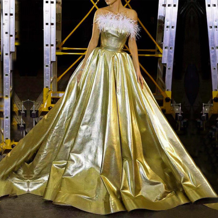 Ladies Fashion Strapless Glitter Feather Swing Prom Gown  Wedding Guest Dress