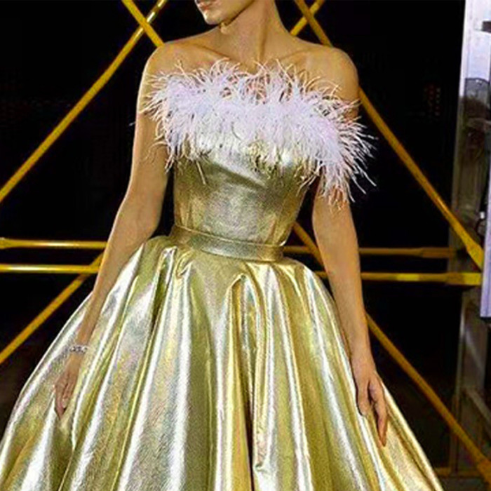 Ladies Fashion Strapless Glitter Feather Swing Prom Gown  Wedding Guest Dress