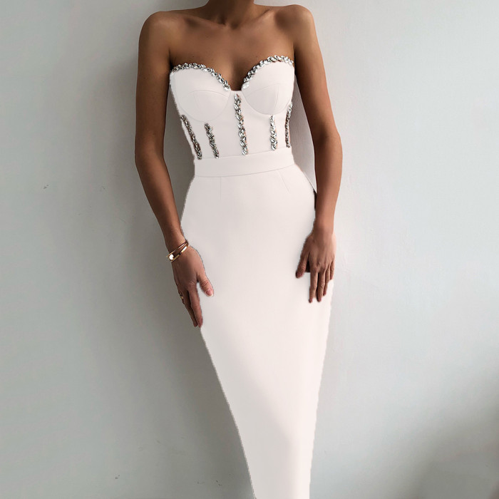 Sexy Strapless Elegant Beaded Party Evening Bodycon Dress