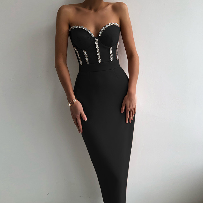 Sexy Strapless Elegant Beaded Party Evening Bodycon Dress