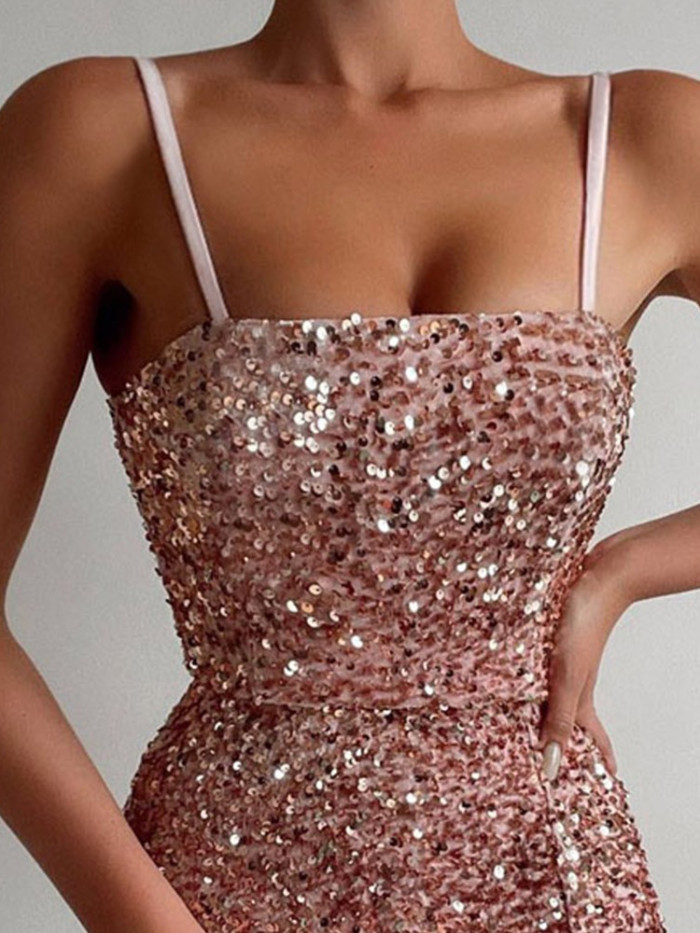 Chic Elegant Sequin Sexy Bodysuit Slit Party Mini Wedding Guest Dress