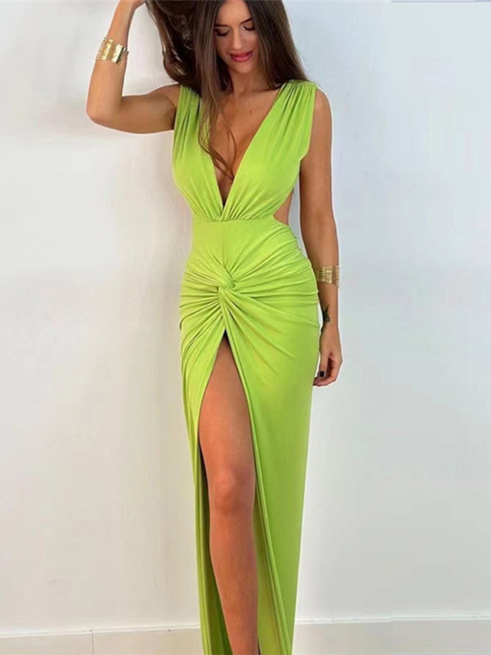 Women's Sexy Deep V Neck Pleated Slits Elegant Sleeveless Maxi Dress