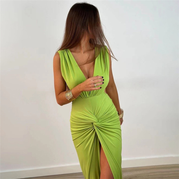 Women's Sexy Deep V Neck Pleated Slits Elegant Sleeveless Maxi Dress