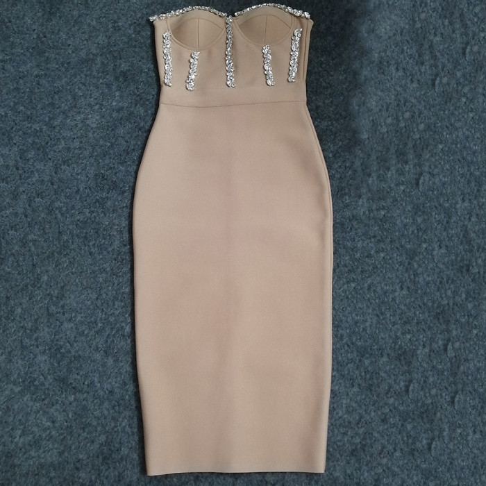 Sexy Strapless Elegant Beaded Party Evening Bodycon Dress