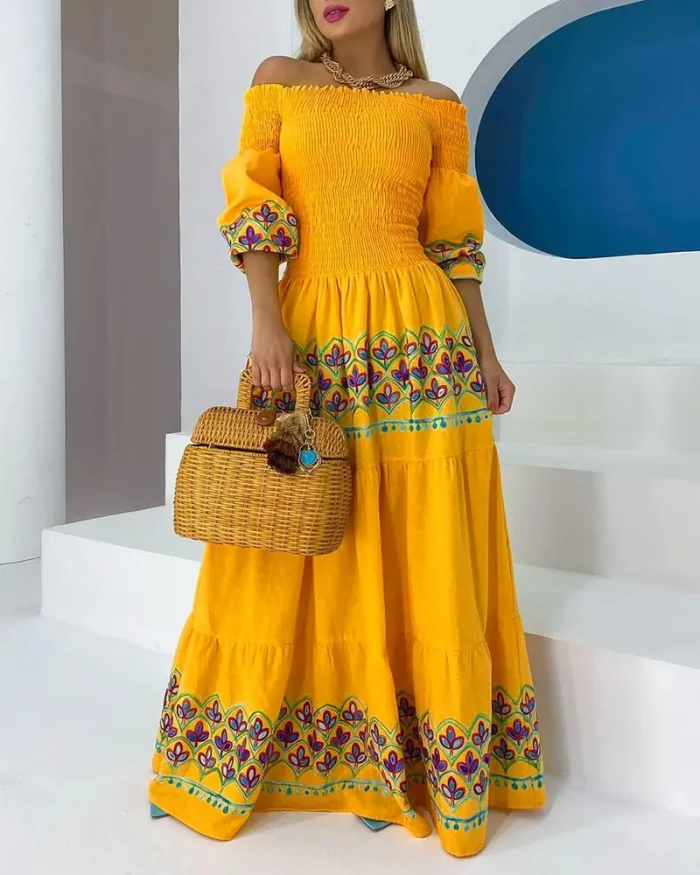 Stylish Bohemian Shoulder Balloon Sleeve Ruched Floral Print  Maxi Dress