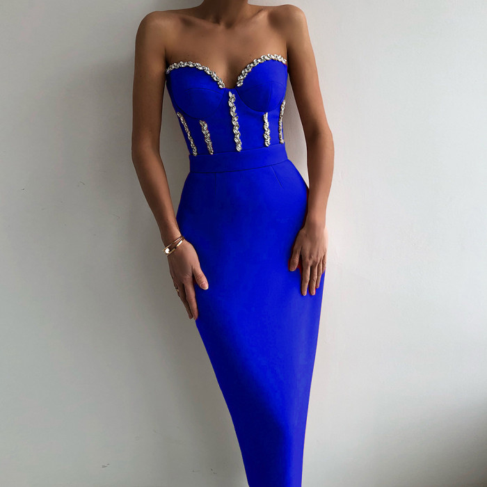 Sexy Strapless Elegant Beaded Party Evening Bodycon Dress