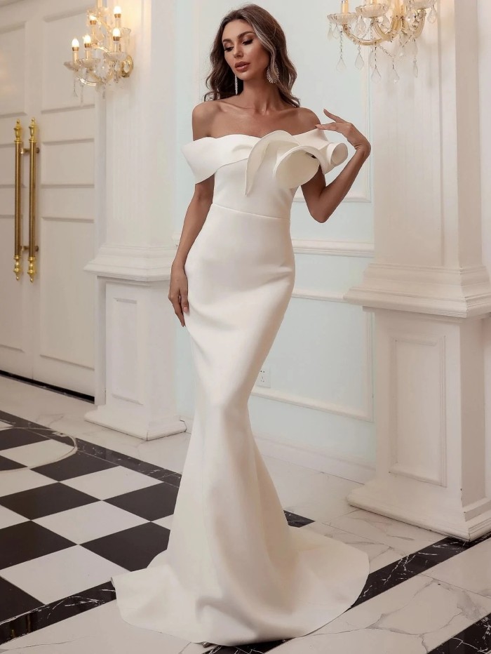 Women's Light Fashion Sexy Party Solid Color Mermaid Off Shoulder Wedding Guest Dress
