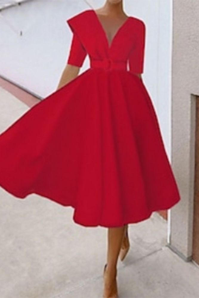 Women Fashion Slim Waist Solid Color High Waist Solid Color Party Wedding Guest Dress