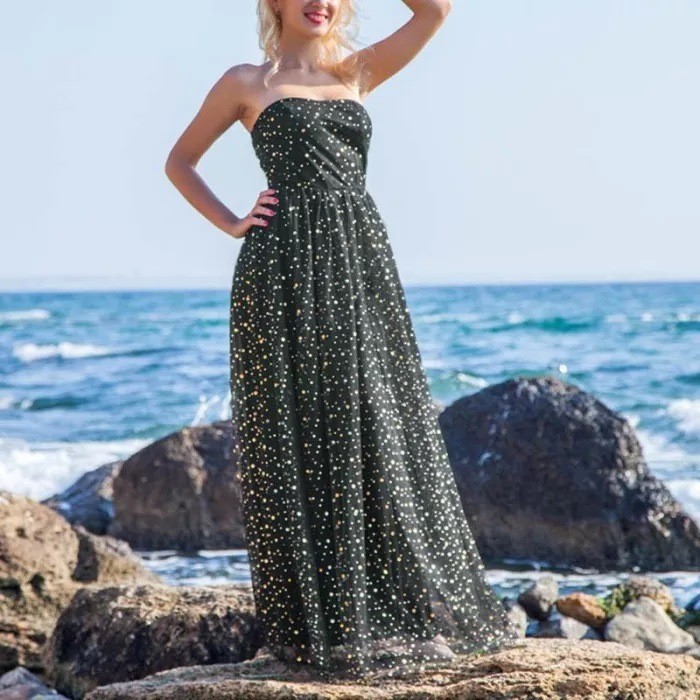Women's Fashion Sexy Tube Top Sleeveless Elegant Swing  Maxi Dress
