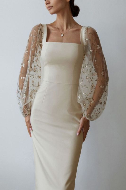 Sexy Perspective Lantern Sleeve Fashion Embroidered Mesh Party Neck Slim Wedding Guest Dress