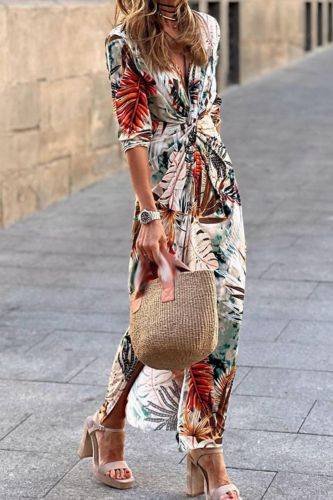 Fashion Printed Slim Party Elegant Deep V Neck Chic Maxi Dress