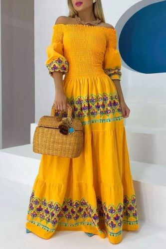 Stylish Bohemian Shoulder Balloon Sleeve Ruched Floral Print  Maxi Dress