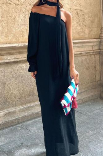 Women's Fashionable Pure Color Slanted Shoulder Sleeve Maxi Dresses
