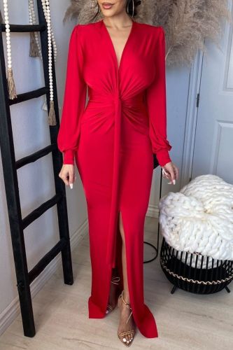 Elegant Party Long Sleeve Slim Slit Fashion  Maxi Dress