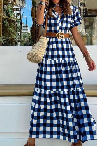 Summer Plaid Print Fashion Casual Elegant Bohemian High Waist  Maxi Dress