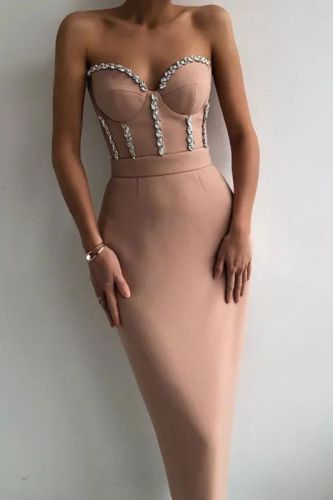 Sexy Strapless Elegant Beaded Party Evening Bodycon Dress