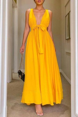 Summer Fashion Solid Color Sexy Backless V Neck Sleeveless A-Line Maxi Dress