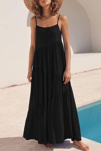 Summer Fashion Casual Solid Color Pleated Irregular Sling Maxi Dress