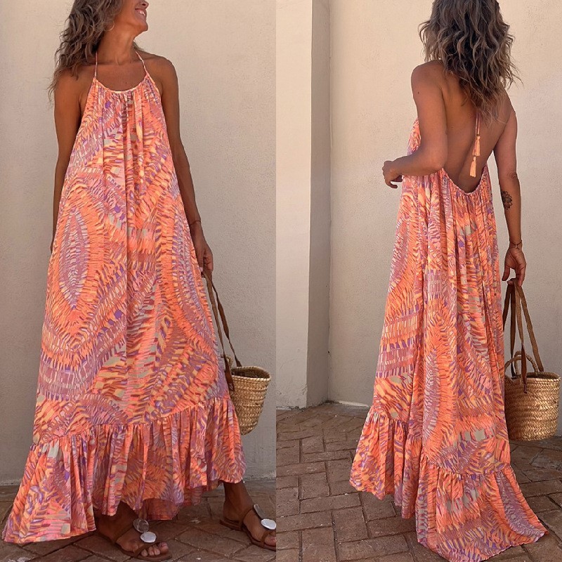 Elegant Women's Sexy Camisole Fashion Print Backless Loose Maxi Dress