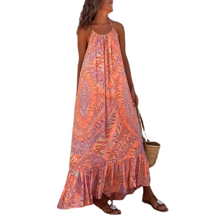 Elegant Women's Sexy Camisole Fashion Print Backless Loose Maxi Dress