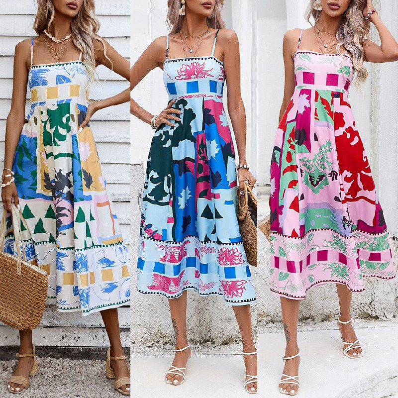 Women's Sexy Printed Sling Sleeveless Fashion Party Swing  Maxi Dress