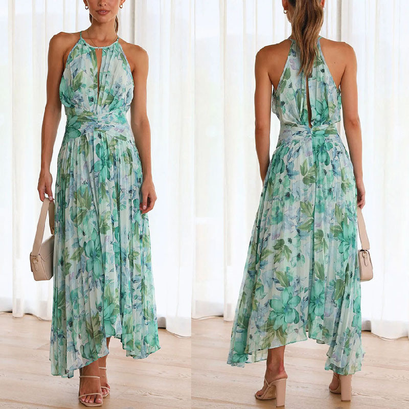 Women's Halter Neck Sleeveless V Neck Print Fashion This Swing Maxi Dress